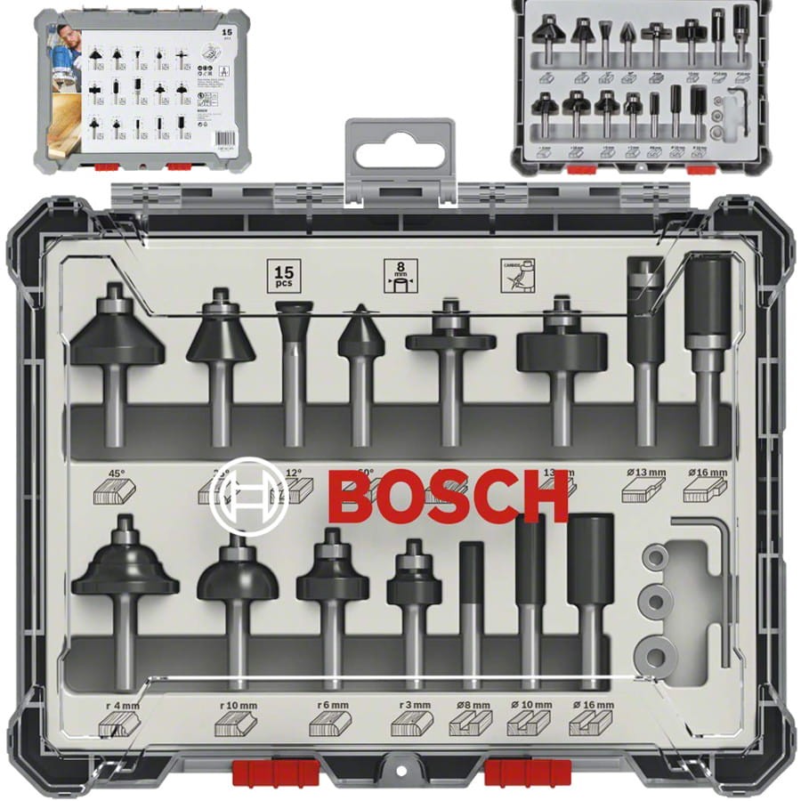 BOSCH Zestaw frezów mieszanych do drewna trzpień 8mm 15szt.