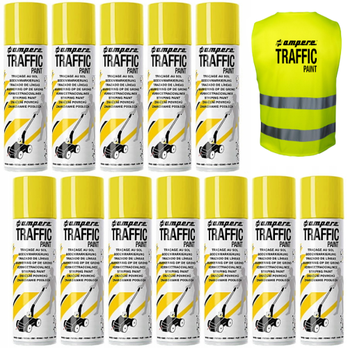 AMPERE TRAFFIC PAINT Farba do malowania linii 500ml żółta 12szt. + Kamizelka gratis