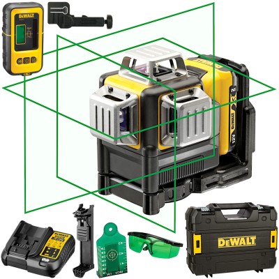 Laser krzyżowy zielony 3x 360° 2.0Ah DeWALT DCE089D1G + Akcesoria + Czujnik