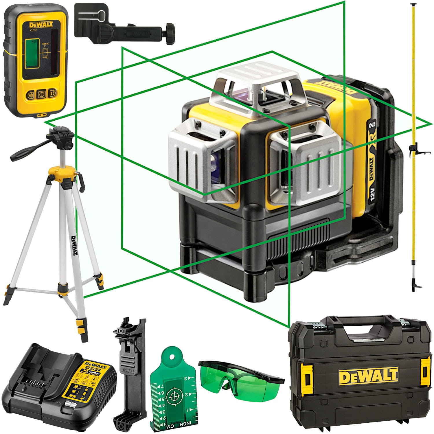 Laser krzyżowy DeWALT DCE089D1G + Akcesoria + Czujnik + Statyw + Tyczka