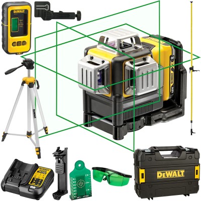 Laser krzyżowy DeWALT DCE089D1G + Akcesoria + Czujnik + Statyw + Tyczka