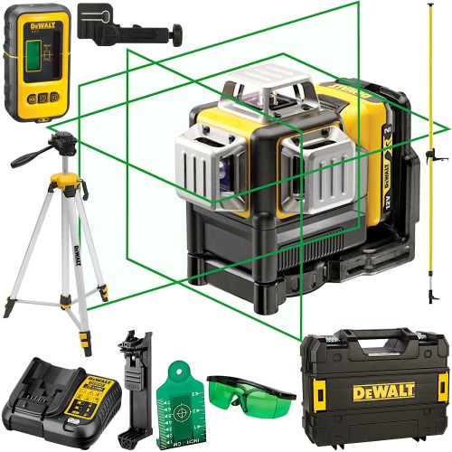 Laser krzyżowy DeWALT DCE089D1G + Akcesoria + Czujnik + Statyw + Tyczka