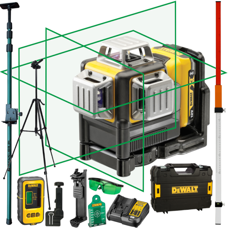 DEWALT DCE089D1G Laser samopoziomujący 3x 360° zielony + statyw + tyczka + łata + detektor