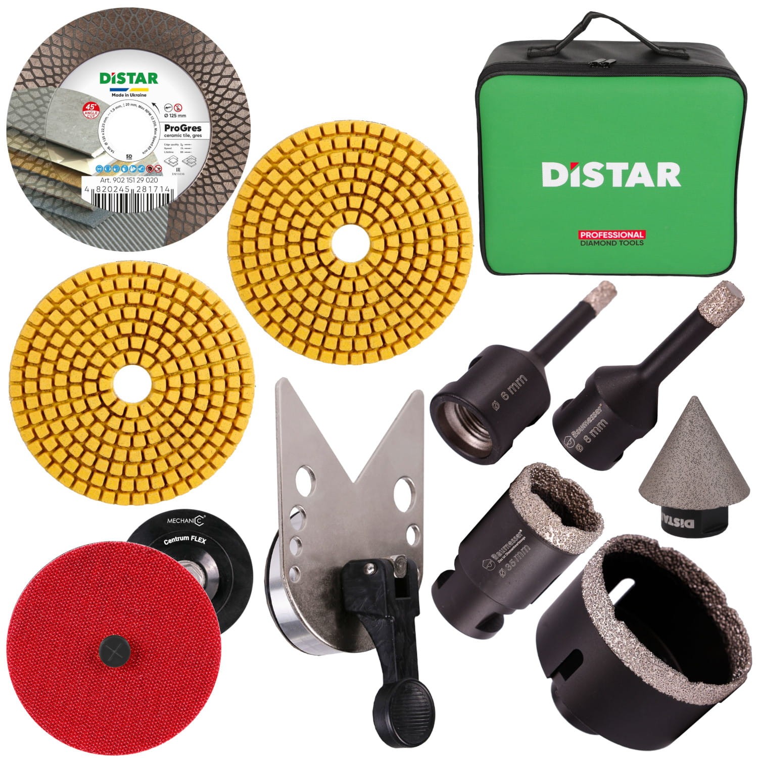 Zestaw wiertła diamentowe KERAMIK PRO 6mm, 8mm, 35mm, 70mm + Prowadnica EASYFIX + Tarcza diamentowa PRO GRES 125 + CENTRUMFLEX adapter D100mm*M14 + Pady polerskie 100X3X15 Gr.60 i 120 + rozwiertak Cone 2-35mm + Torba DistarBOX