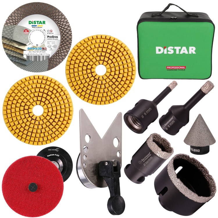 Zestaw wiertła diamentowe KERAMIK PRO 6mm, 8mm, 35mm, 70mm + Prowadnica EASYFIX + Tarcza diamentowa PRO GRES 125 + CENTRUMFLEX adapter D100mm*M14 + Pady polerskie 100X3X15 Gr.60 i 120 + rozwiertak Cone 2-35mm + Torba DistarBOX