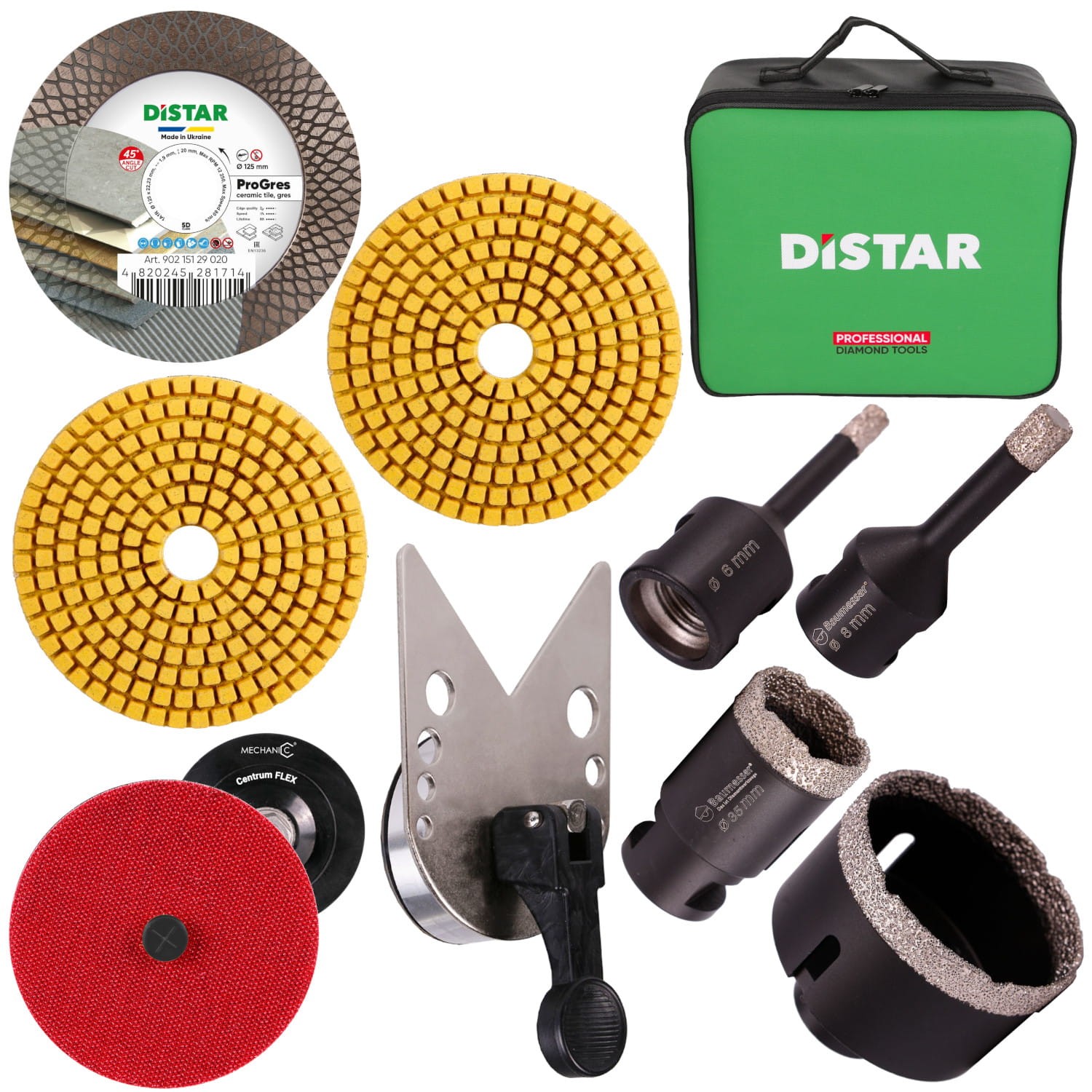 Zestaw wiertła diamentowe KERAMIK PRO 6mm, 8mm, 35mm, 70mm + Prowadnica EASYFIX + Tarcza diamentowa PRO GRES 125 + CENTRUMFLEX adapter D100mm*M14 + Pady polerskie 100X3X15 Gr.60 i 120 + Torba DistarBOX