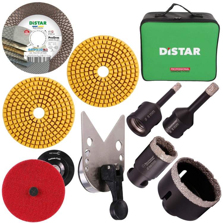 Zestaw wiertła diamentowe KERAMIK PRO 6mm, 8mm, 35mm, 70mm + Prowadnica EASYFIX + Tarcza diamentowa PRO GRES 125 + CENTRUMFLEX adapter D100mm*M14 + Pady polerskie 100X3X15 Gr.60 i 120 + Torba DistarBOX
