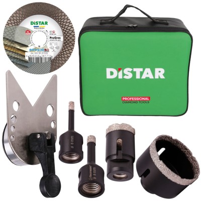 Zestaw wiertła diamentowe KERAMIK PRO 6mm, 8mm, 35mm, 70mm + Prowadnica EASYFIX + Tarcza diamentowa PRO GRES 125 + Torba DistarBOX