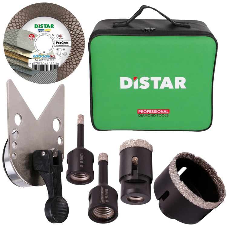 Zestaw wiertła diamentowe KERAMIK PRO 6mm, 8mm, 35mm, 70mm + Prowadnica EASYFIX + Tarcza diamentowa PRO GRES 125 + Torba DistarBOX