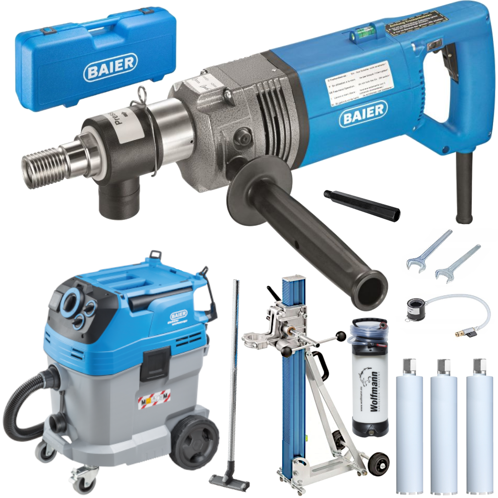 Wiertnica BAIER BDB 825 na mokro i sucho do 200mm 1800W + Stojak BST-200 + Odkurzacz BSS 606L + akcesoria