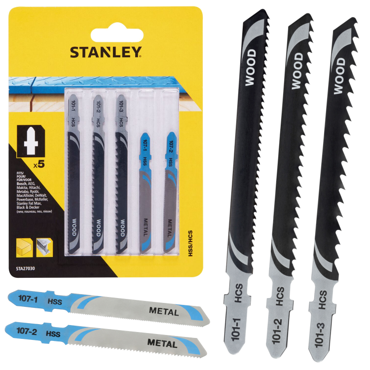 Brzeszczoty do wyrzynarek typ T - kpl. 5 szt. mieszany HCS/HSS Stanley