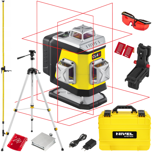 Laser krzyżowy czerwony 4x360° 30m Nivel System CL4R + Tyczka + Statyw