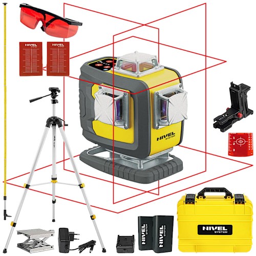 Laser krzyżowy czerwony Nivel System CL4D-R + Statyw SJJ-M1 EX + Tyczka