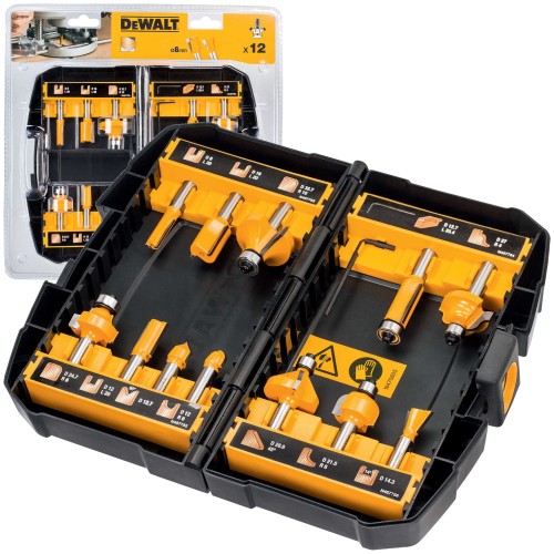 DEWALT DT90016 Zestaw frezów do drewna HM z uchwytem 8mm 12szt.