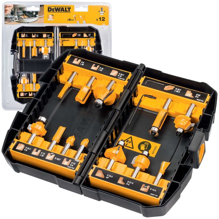 DEWALT DT90016 Zestaw frezów do drewna HM z uchwytem 8mm 12szt.