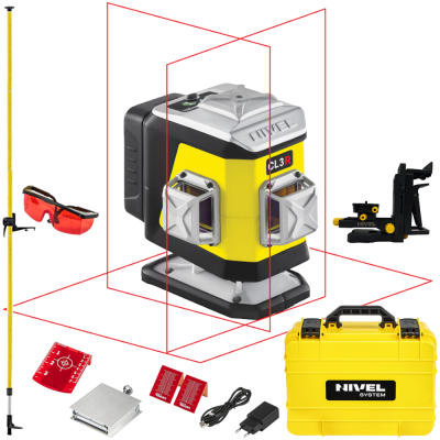 Laser krzyżowy czerwony 360° 30m Nivel System CL3R + Tyczka