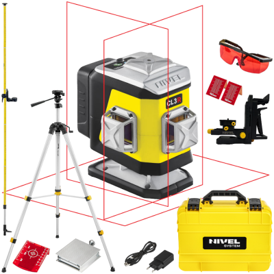 Laser krzyżowy czerwony 360° 30m Nivel System CL3R + Tyczka + Statyw
