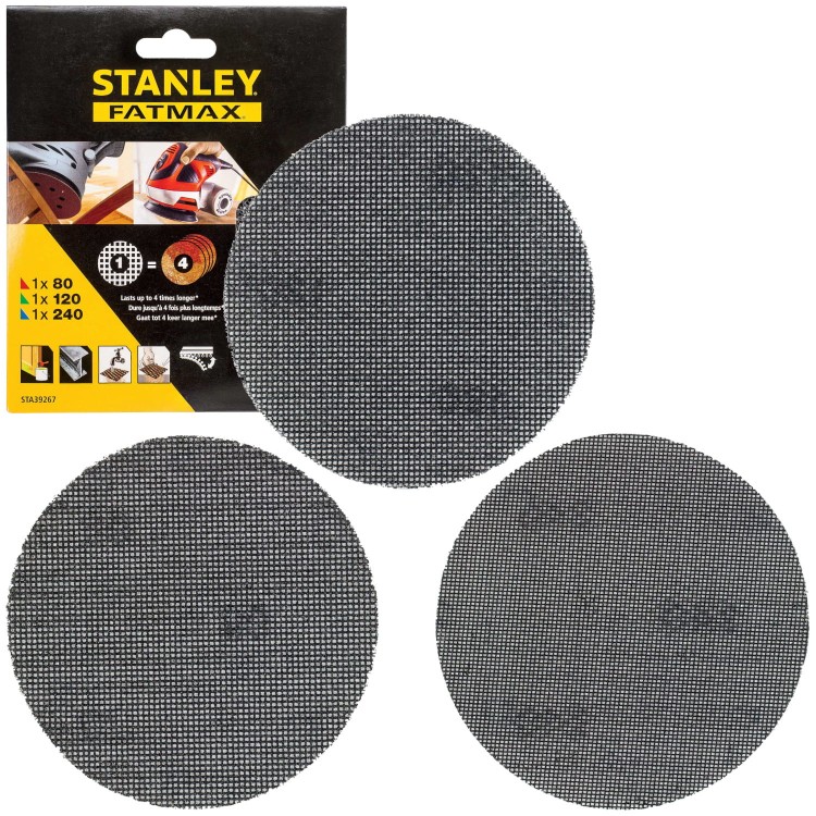Siatki ścierne 125mm gr. 80/120/240 3szt. Stanley STA39267