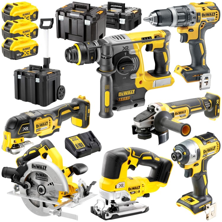 DeWALT Zestaw DCD796 + DCF887 + DCH273 + DCG405 + DCS570 + DCS355 + DCS334 + 3x 5Ah + 3x TSTAK
