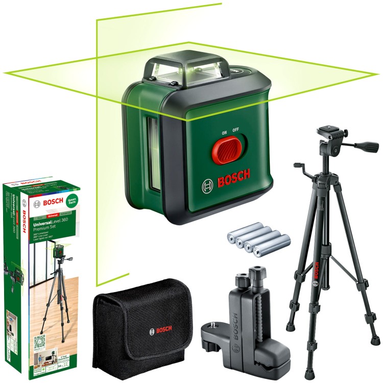 BOSCH Laser krzyżowy zielony UniversalLevel 360 + Statyw TT 150 + Akcesoria