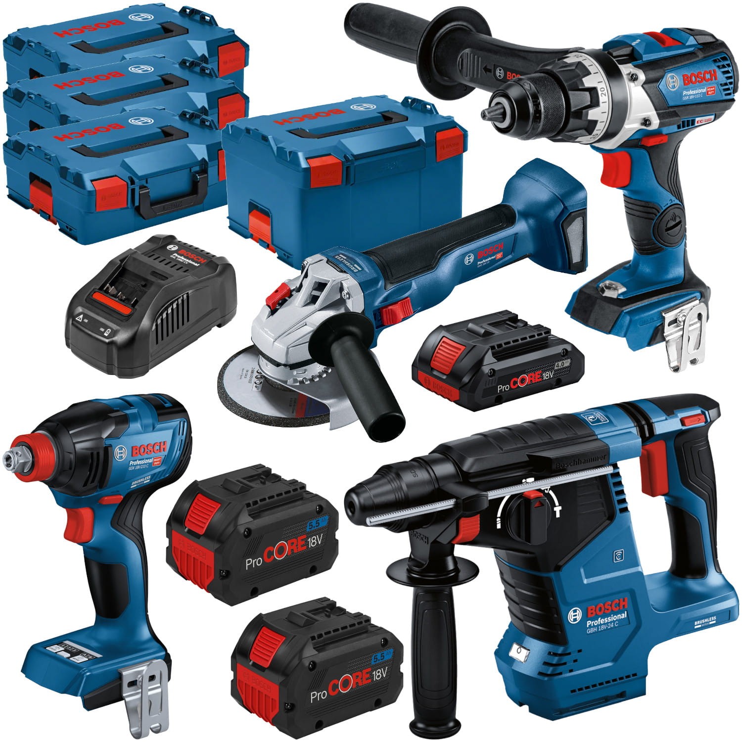 BOSCH Zestaw 4 elektronarzędzi 18V + 3x akumulator + ładowarka + 4x walizka