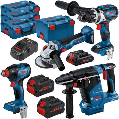 BOSCH Zestaw 4 elektronarzędzi 18V + 3x akumulator + ładowarka + 4x walizka