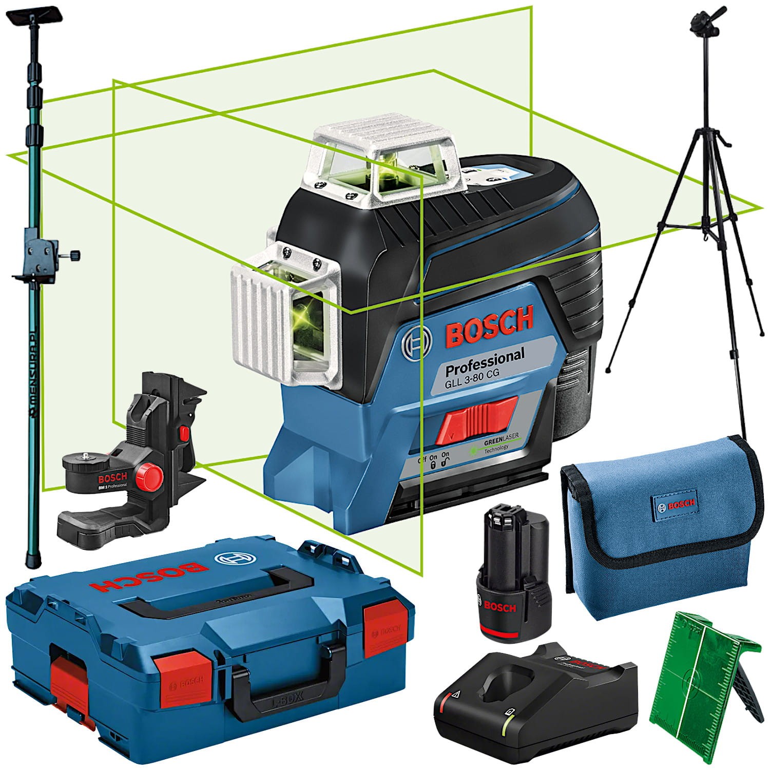 BOSCH GLL 3-80CG Laser krzyżowy wiązka zielona 30m + statyw + tyczka 320 + uchwyt