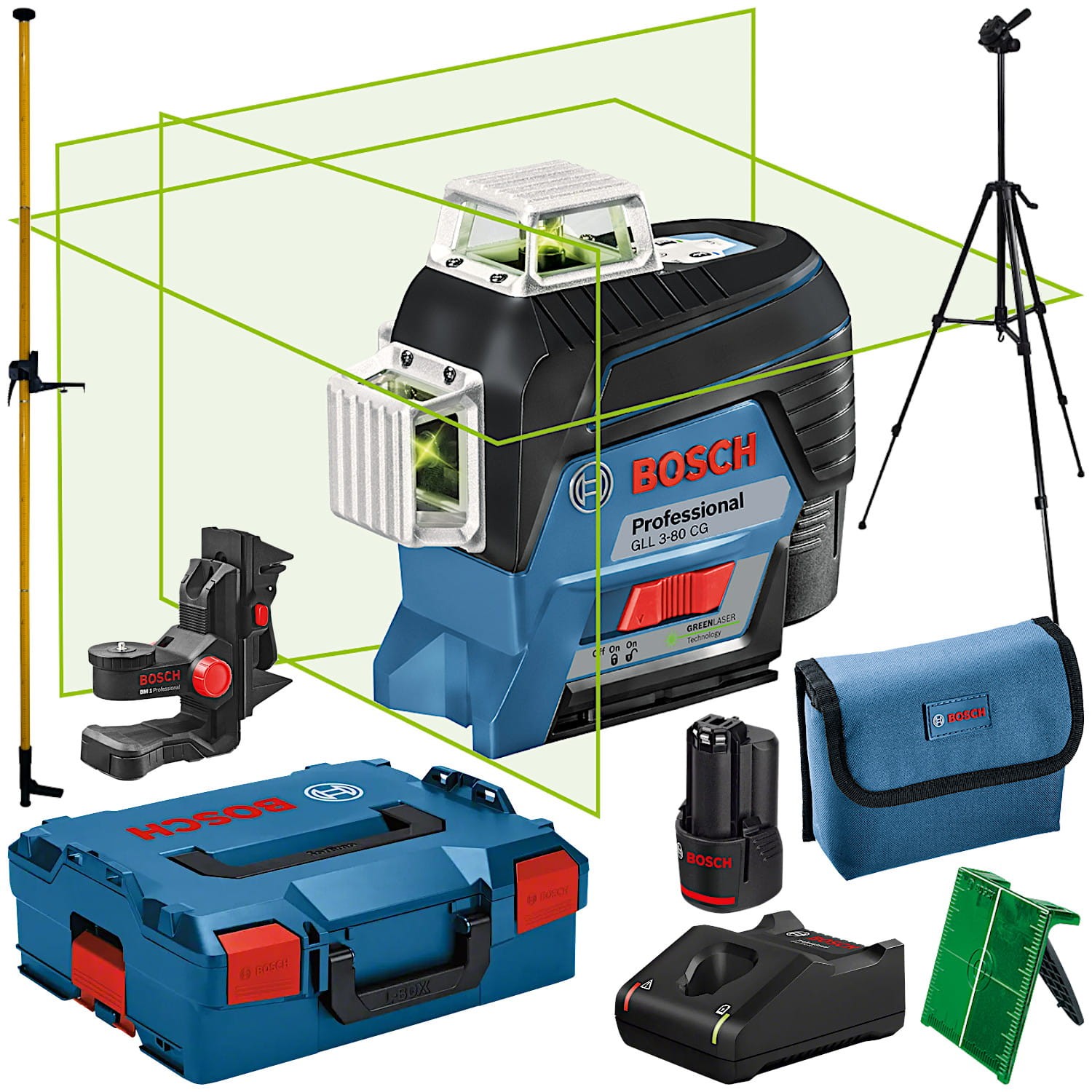 BOSCH GLL 3-80CG Laser krzyżowy wiązka zielona 30m + statyw + tyczka 360 + uchwyt