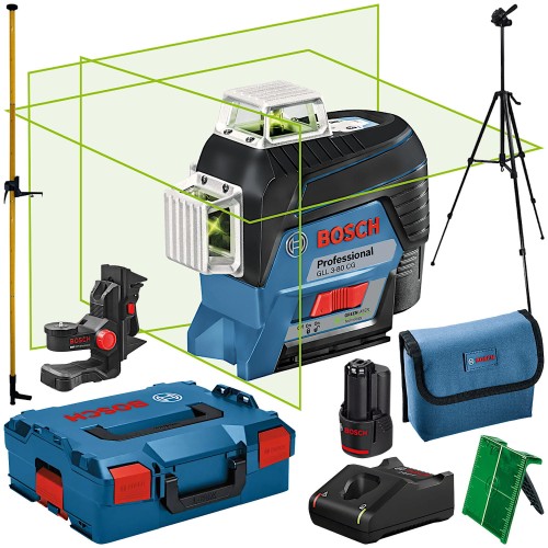 BOSCH GLL 3-80CG Laser krzyżowy wiązka zielona 30m + statyw + tyczka 360 + uchwyt