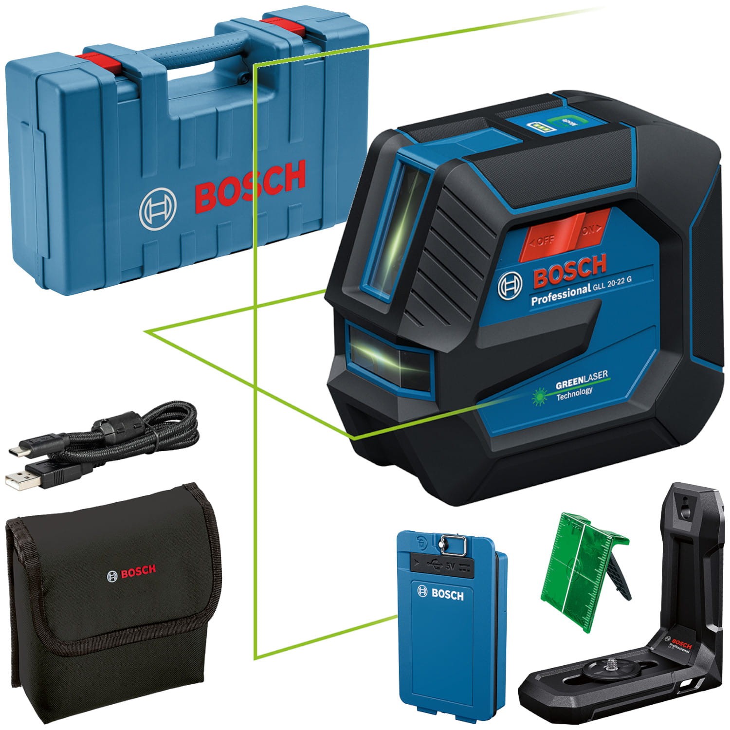 Laser krzyżowy zielony 20m IP65 Bosch GLL 20-22 G + akcesoria