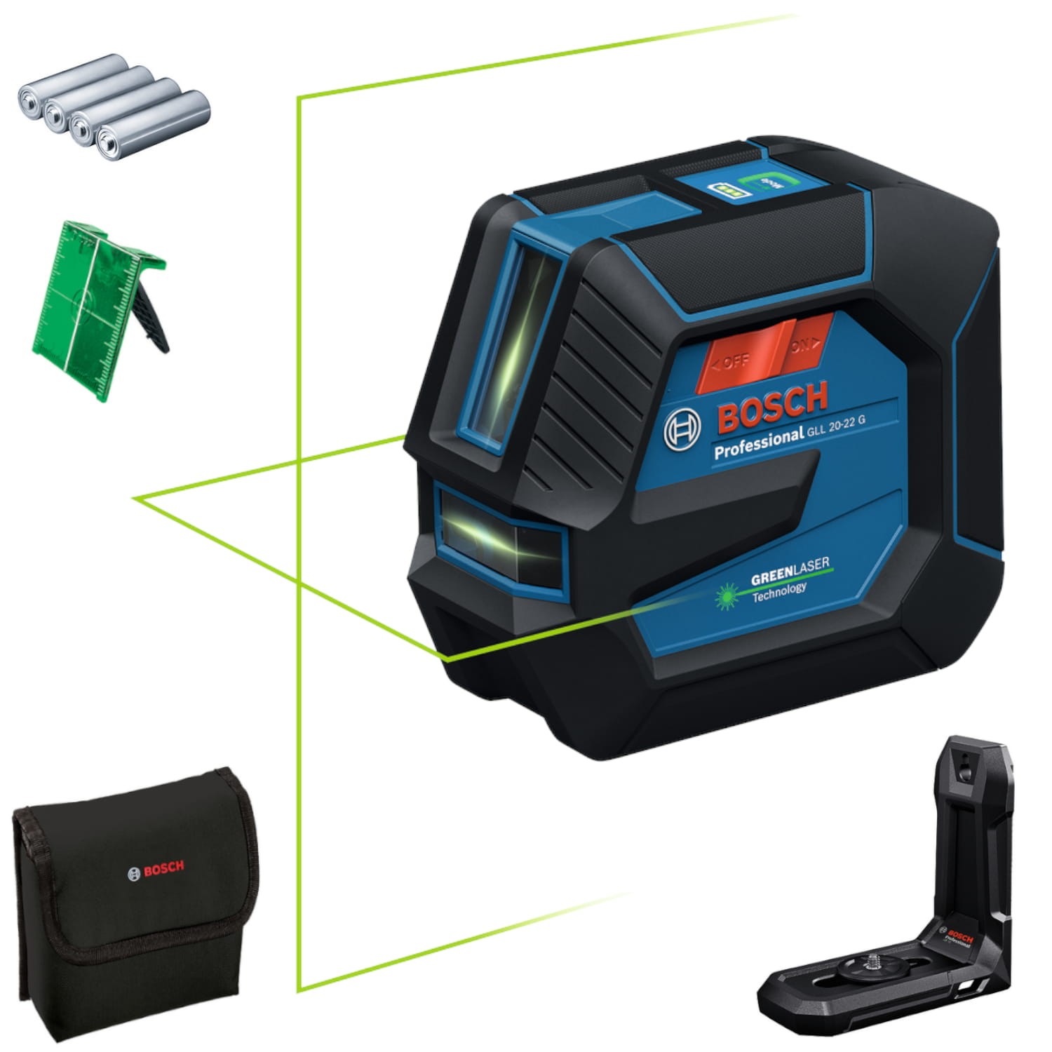 Bosch 0601065600 Laser krzyżowy zielony 20m IP65 GLL 20-22 G + akcesoria