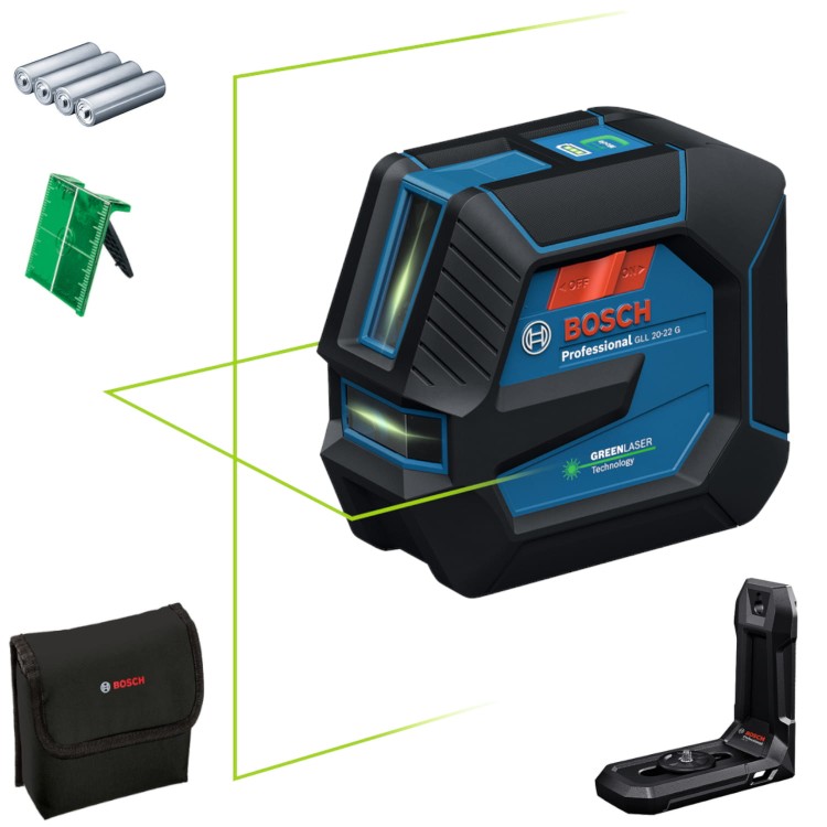 Bosch 0601065600 Laser krzyżowy zielony 20m IP65 GLL 20-22 G + akcesoria