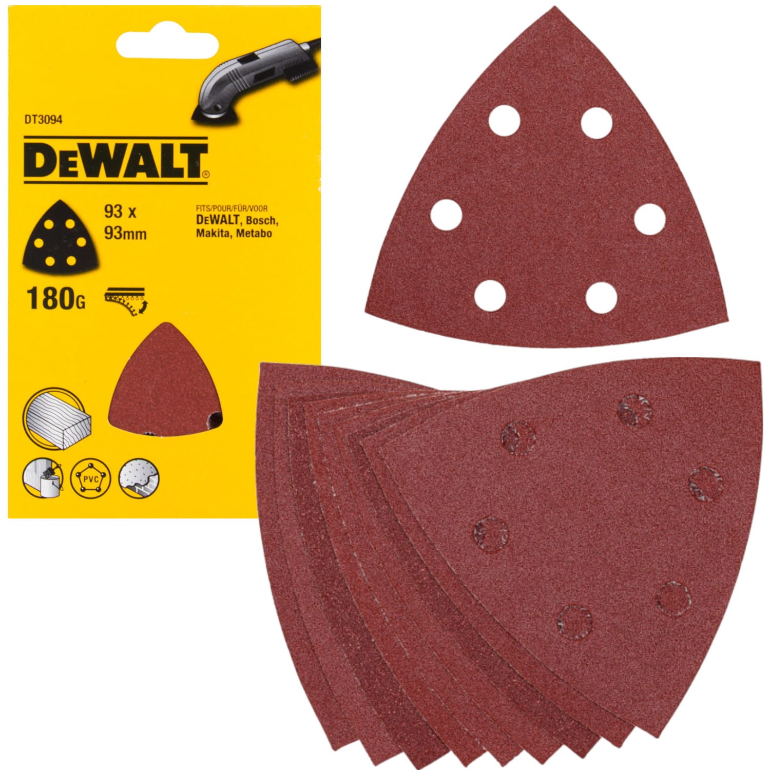 DeWALT DT3094 Papier ścierny trójkątny na rzep 93 x 93 mm gr. 180 10 szt.