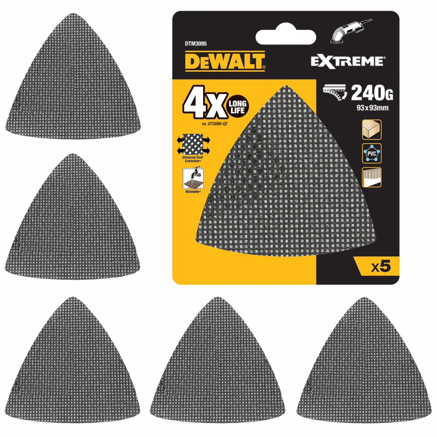 Siatka ścierna 93x93mm gradacja 240 do drewna, PVC 5szt. DeWALT DTM3095