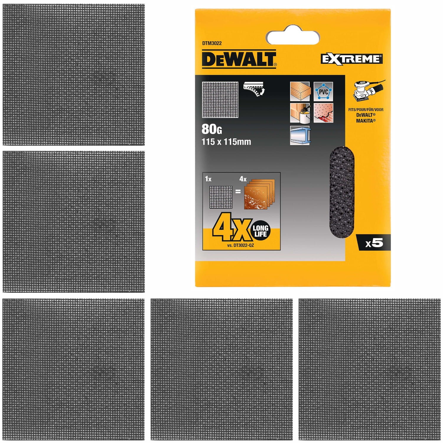 Siatka ścierna 115x115mm gr 80 do drewna metalu PCV 5szt DeWALT DTM3022