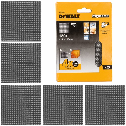 Siatka ścierna 115x115mm gr 120 do drewna metalu PCV 5szt DeWALT DTM3023