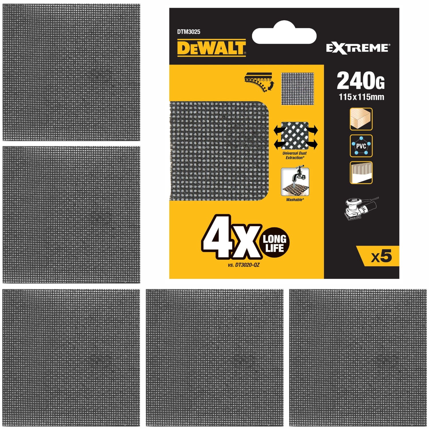Siatka ścierna 115x115mm gr 240 do drewna metalu PCV 5szt DeWALT DTM3025