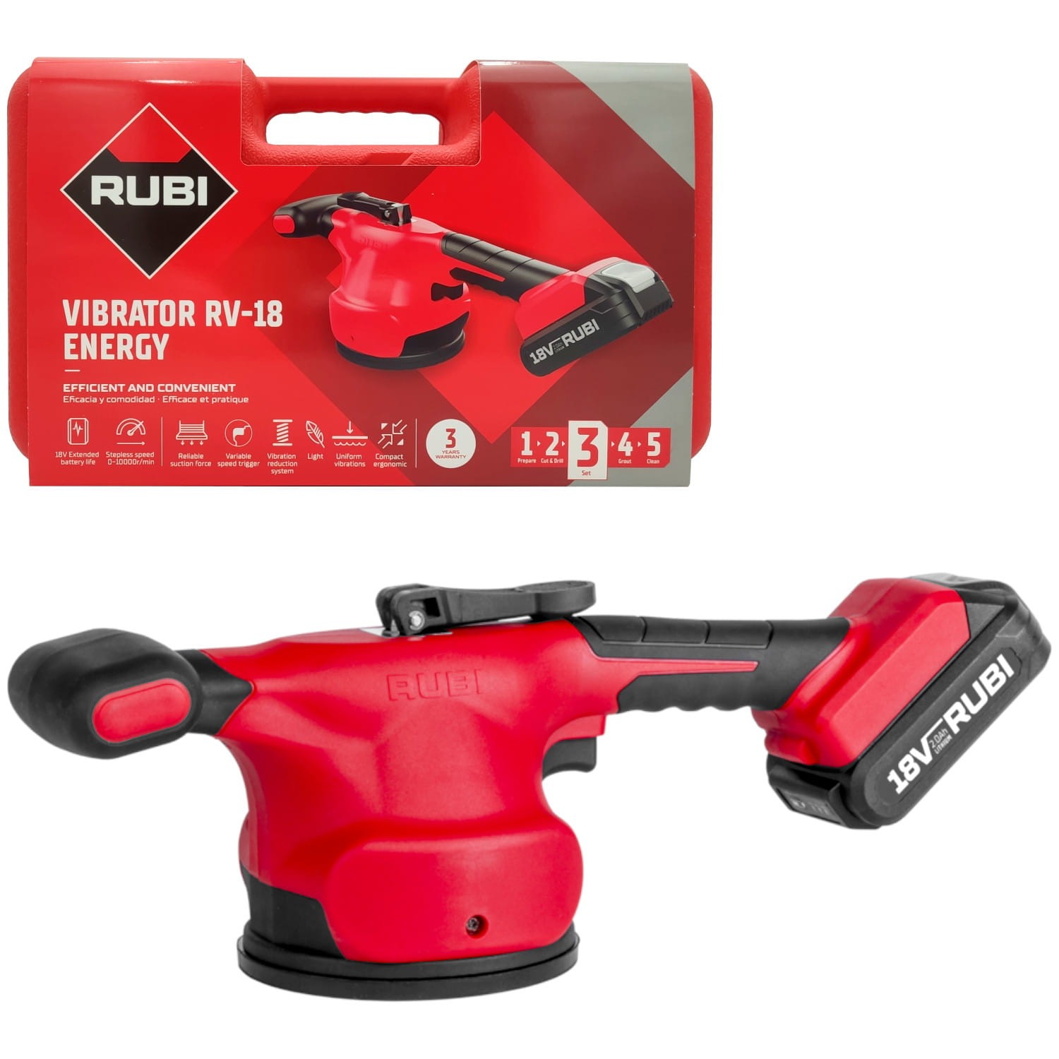 RUBI 60943 Wibrator do płytek RV-18 ENERGY 18V 2Ah w walizce
