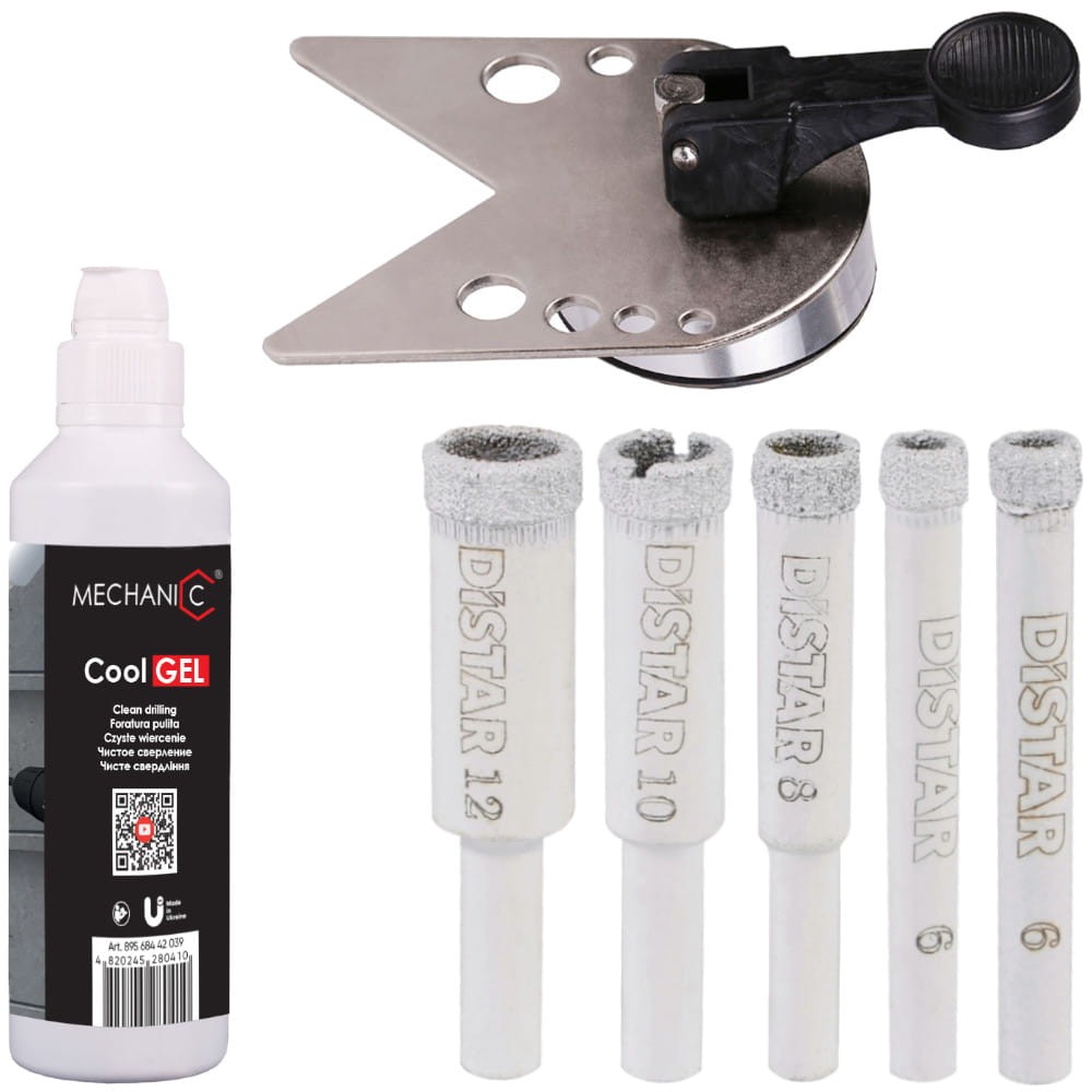 Zestaw wierteł do ceramiki, gresu 6-12mm 5szt. Distar DrillKIT + Prowadnica EasyFIX 70 + Żel do wiercenia CoolGEL