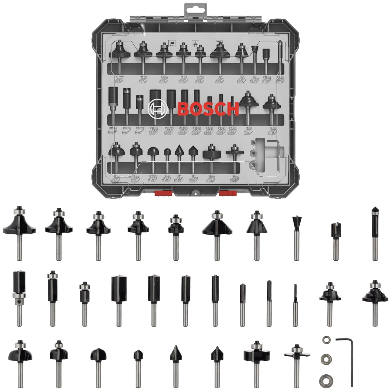BOSCH Zestaw 30 frezów do drewna, sklejki, płyt wiórowych trzpień 6mm
