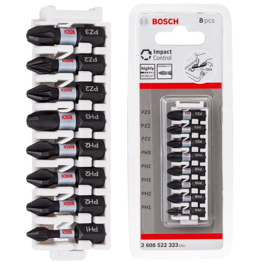 Zestaw bitów PH1 PH2 PH3 PZ2 PZ3 25mm 8szt. Impact Extra Hard BOSCH 2608522323
