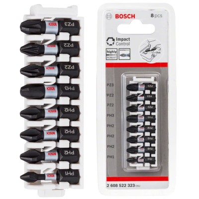 Zestaw bitów PH1 PH2 PH3 PZ2 PZ3 25mm 8szt. Impact Extra Hard BOSCH 2608522323