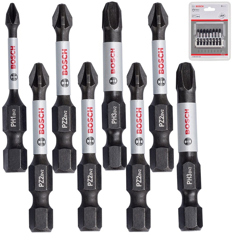 Zestaw bitów PH1 PH2 PH3 PZ2 PZ3 55mm 8szt. Impact Extra Hard BOSCH