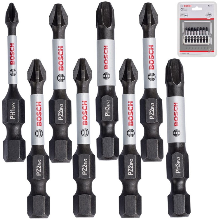 Zestaw bitów PH1 PH2 PH3 PZ2 PZ3 55mm 8szt. Impact Extra Hard BOSCH