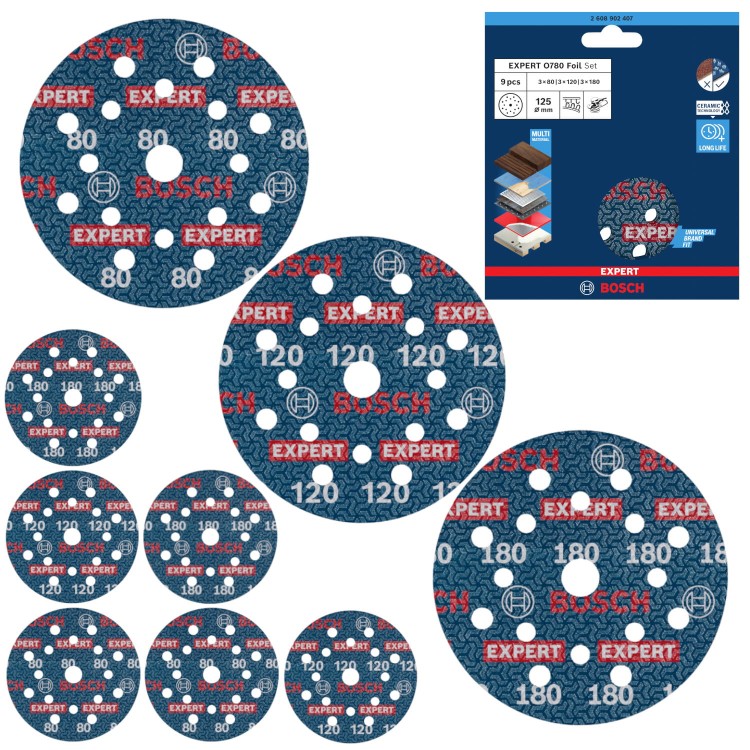 Zestaw 9 ceramicznych papierów ściernych 125mm O780 FOIL G80/120/180 BOSCH 2608902407