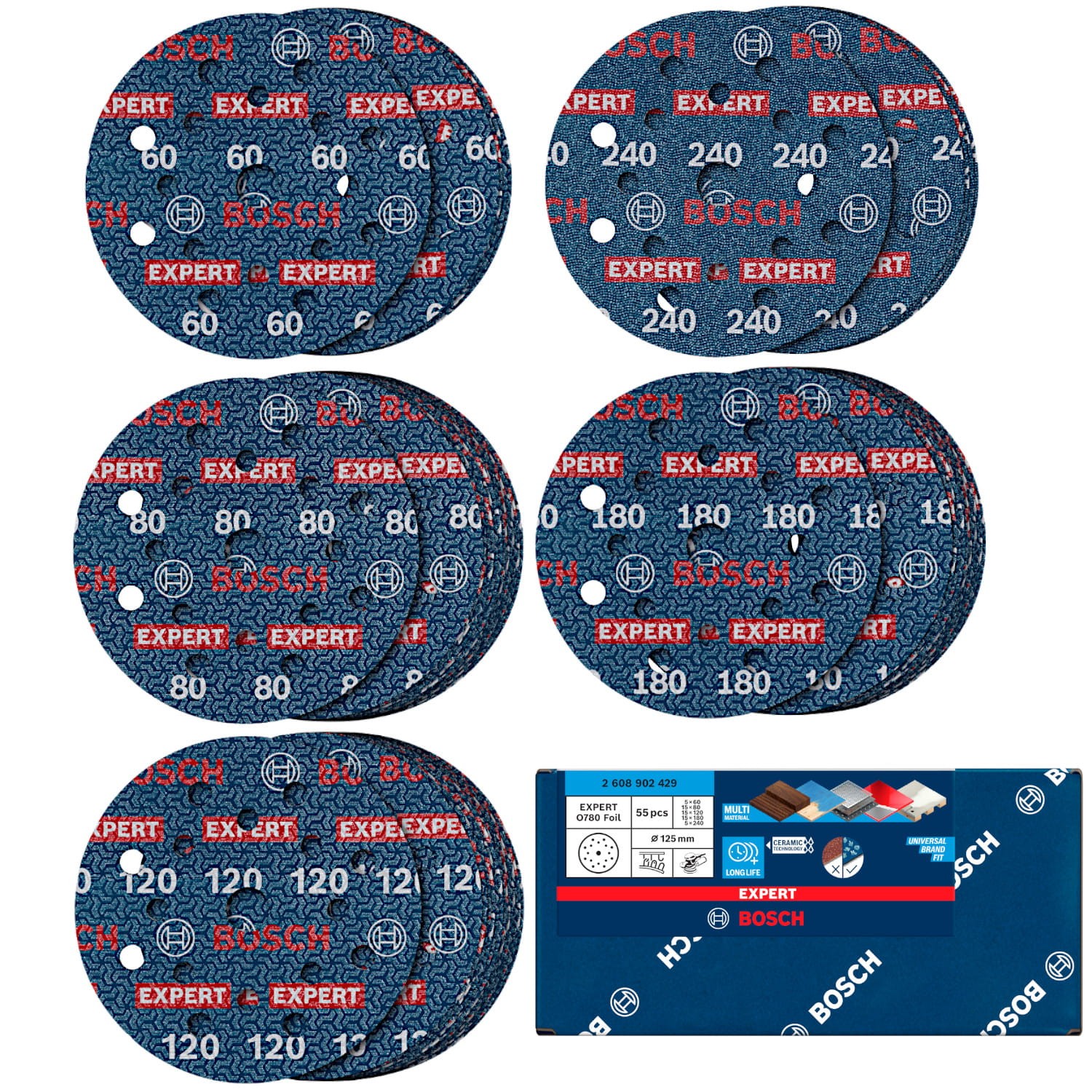 Papier ścierny ceramiczny 125mm 55szt. O780 FOIL G60/80/120/180/240 BOSCH 2608902429