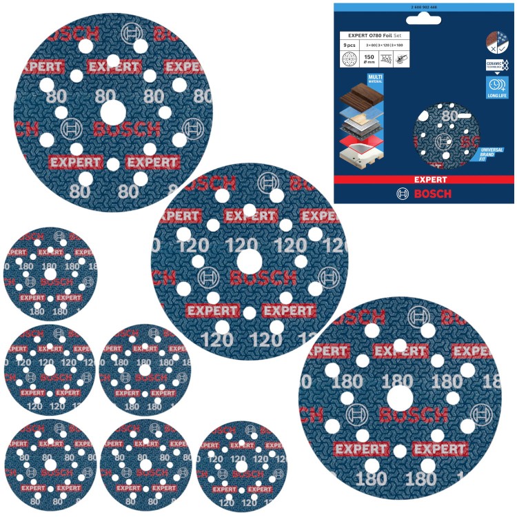 Zestaw 9 ceramicznych papierów ściernych 150mm O780 FOIL G80/120/180 BOSCH 2608902448