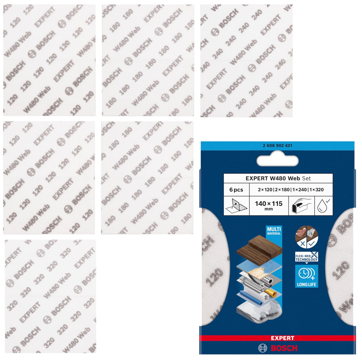 Arkusz do szlifowania G120/180/240/320 EXPERT W480 Web 115x140mm 6szt BOSCH 2608902431