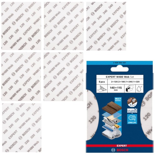 Arkusz do szlifowania G120/180/240/320 EXPERT W480 Web 115x140mm 6szt BOSCH 2608902431