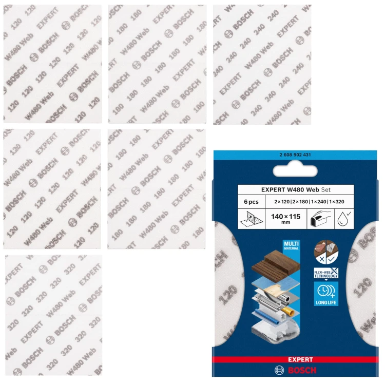 Arkusz do szlifowania G120/180/240/320 EXPERT W480 Web 115x140mm 6szt BOSCH 2608902431